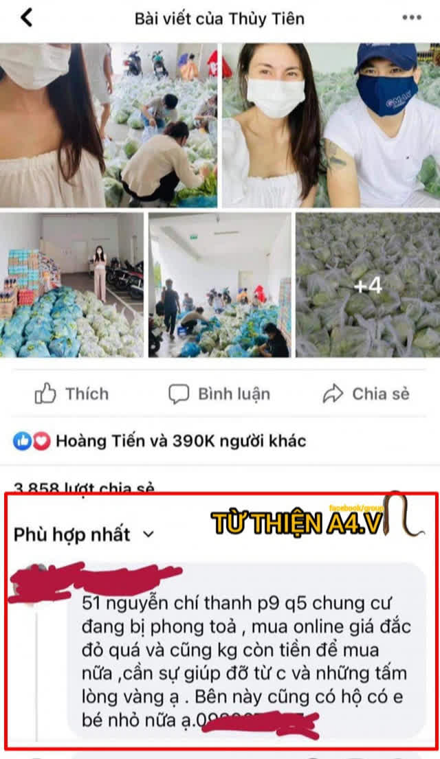 Tin nhắn cầu cứu của người ở chung cư Nguyễn Chí Thanh trong bài tặng rau miễn phí của ca sĩ Thủy Tiên.