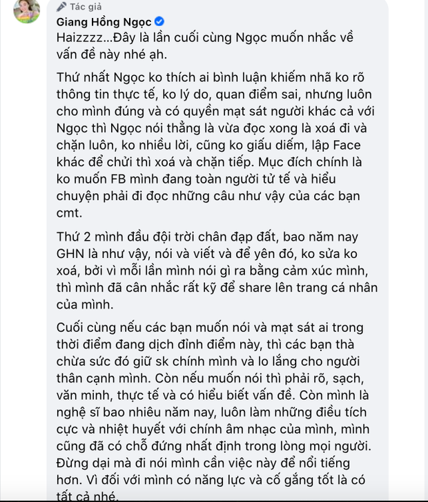 Nữ ca sĩ quyết không xoá hay chỉnh sửa status đã đăng, phủ nhận chuyện lên tiếng để chiêu trò gây chú ý