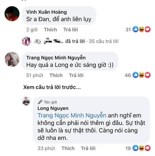 Lương Minh Trang bày tỏ sự bức xúc của mình trước sự việc ngay dưới bài viết còn Vinh Râu thì vào xin lỗi bạn bè. Long Nguyễn cũng không quên nhắn nhủ vợ cũ Vinh Râu, tuy nhiên lại khiến dân tình dậy sóng vì những câu nói 