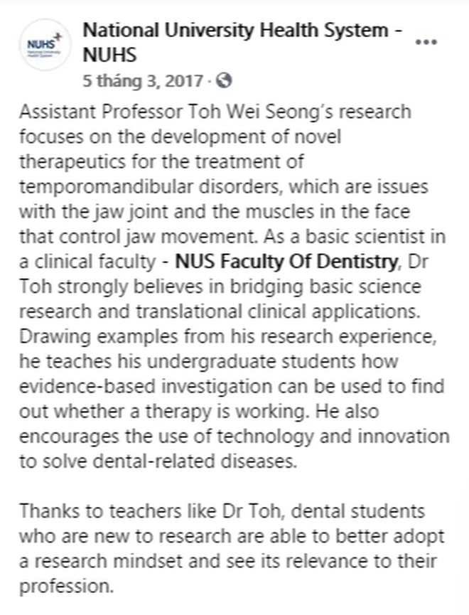 Thông tin về bác sĩ Toh Wei Seong được đăng tải trên fanpage chính thức của Đại học Quốc gia Singapore vào năm 2017