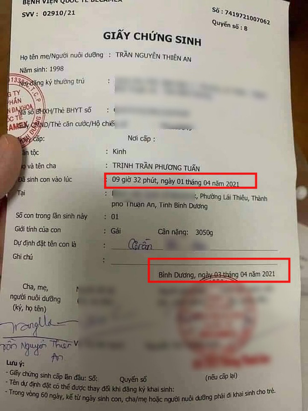 Trên MXH đang xuất hiện tờ giấy chứng sinh trong đó tên bố là họ tên thật trùng với Jack, còn mẹ là Thiên An, bé gái này được sinh vào ngày 1/4/2021