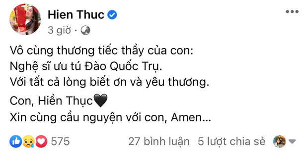 Hiền Thục xót xa thông báo thầy giáo, nghệ sĩ gạo cội Đào Quốc Trụ đã qua đời
