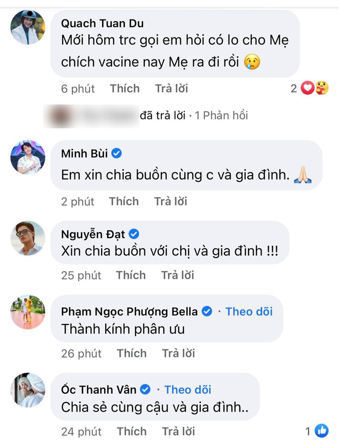 Trịnh Kim Chi, Thân Thuý Hà, Ốc Thanh Vân,... cùng rất nhiều bạn bè, người thân đã động viên và chia buồn với Phi Thanh Vân