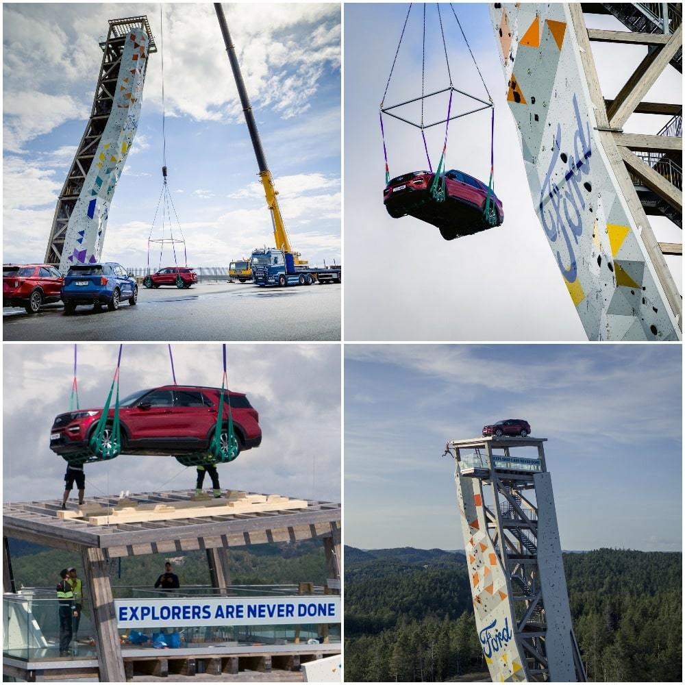 Chiếc xe Ford Explorer PHEV được đưa lên đỉnh tháp (Ảnh: Carscoop)