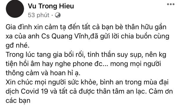 Em trai cố ca sĩ Quang Vĩnh gửi lời cảm tạ và tiết lộ gia đình rất suy sụp, bối rối sau khi người thân ra đi giữa mùa dịch