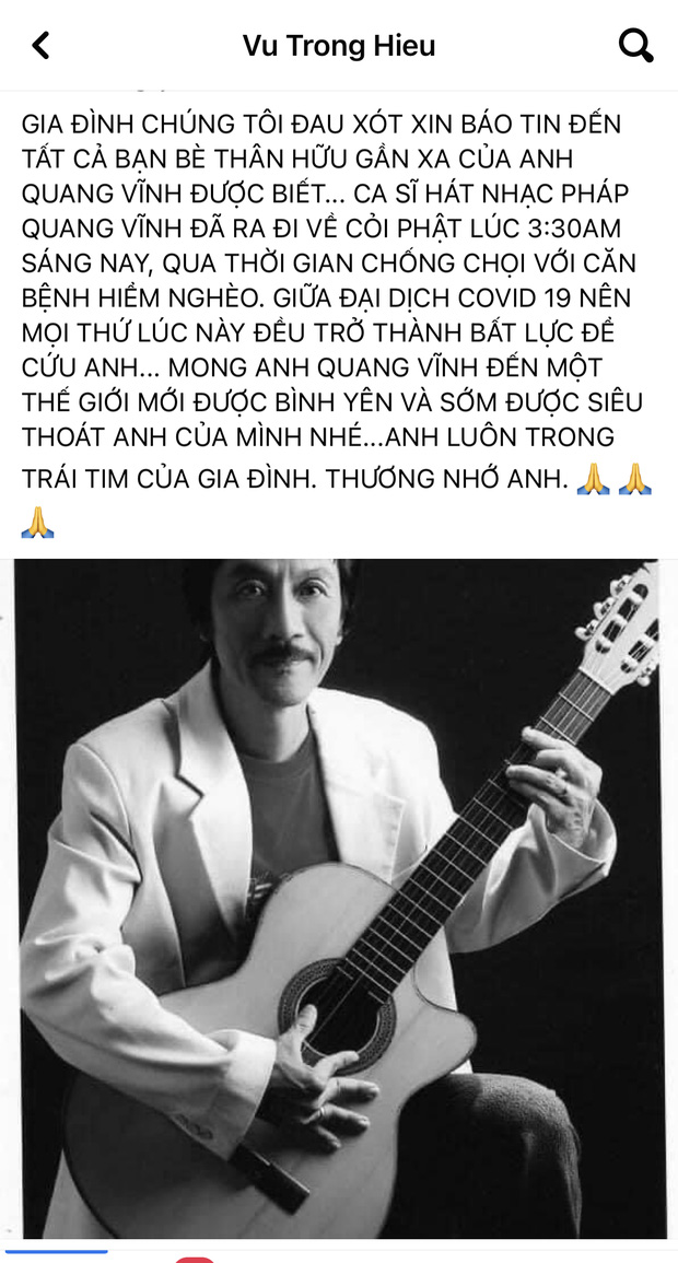 Em trai cố ca sĩ Quang Vĩnh thay mặt gia đình thông báo tin buồn, người hát nhạc Pháp nổi tiếng suốt 40 năm ở TP.HCM đã vĩnh viễn ra đi