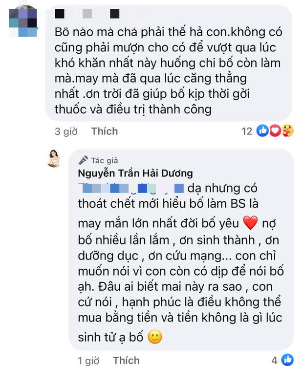 Bố của Hoa hậu Hải Dương là bác sĩ nên đã chăm sóc và tiếp tế lương thực, thuốc men cho con gái từ xa. Hoa hậu Vbiz vô cùng xúc động trước sự quan tâm, lo lắng của bố