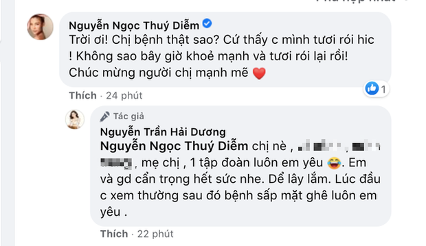 Thuý Diễm cũng ngỡ ngàng khi hay tin gia đình Hải Dương là F0, ngay lập tức nữ diễn viên đã gửi lời hỏi thăm và được đàn chị dặn dò nên cẩn trọng trong mùa dịch