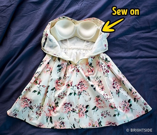 Đối với người thường xuyên mặc váy hoa dự sự kiện như Phạm Băng Băng, cô nên tính phương án sử dụng váy có gắn bra. Có thể cắt bỏ phần quai áo lót và may cố định vào vị trí tương ứng trên váy