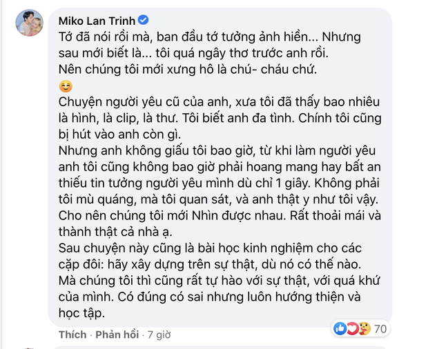 Miko Lan Trinh có chia sẻ gây chú ý về bạn trai chuyển giới. Cô cho biết cả 2 luôn thành thật, không giấu nhau điều gì
