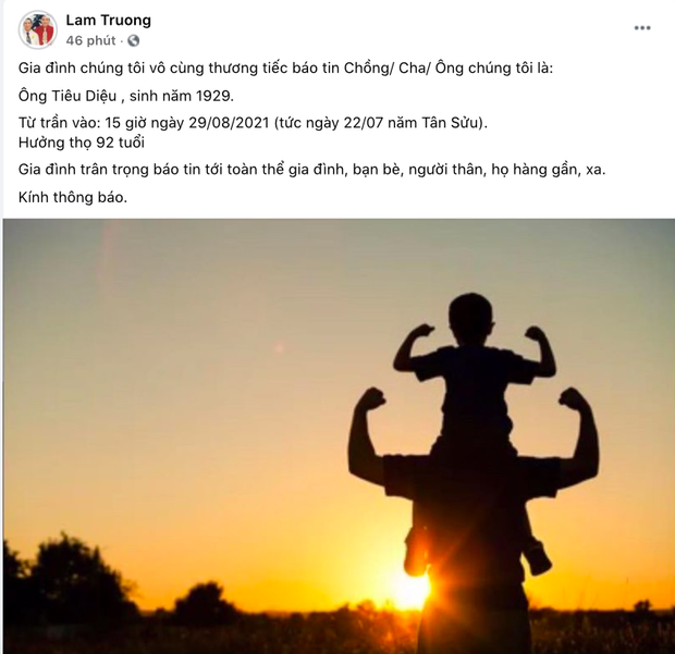 Bố ruột ca sĩ Lam Trường đã qua đời hồi 15 giờ ngày 29/8, ông hưởng họ 92 tuổi