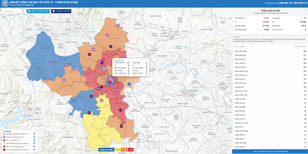 Bản đồ thông tin dịch tễ Covid-19 TP. Hà Nội (Ảnh cap màn hình)