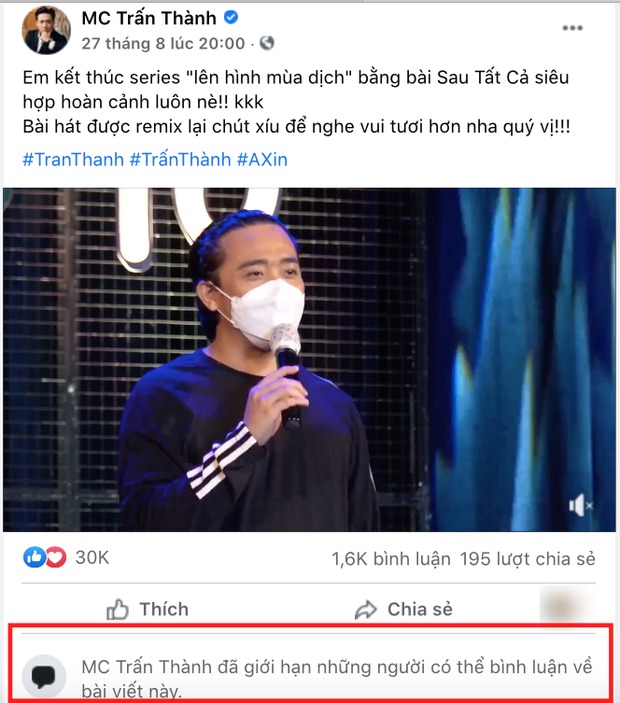 Đến hôm nay, Trấn Thành vẫn khóa tính năng bình luận trên trang cá nhân 18 triệu người theo dõi