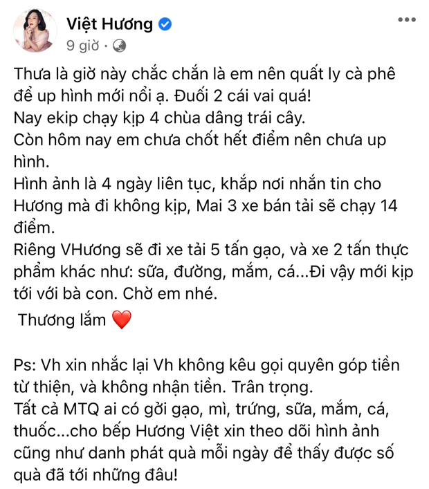 Dù dùng tiền túi làm từ thiện những mỗi ngày Việt Hương luôn cập nhật tình hình phát quà thông qua livestream và các bảng thống kê có danh sách người nhận cụ thể