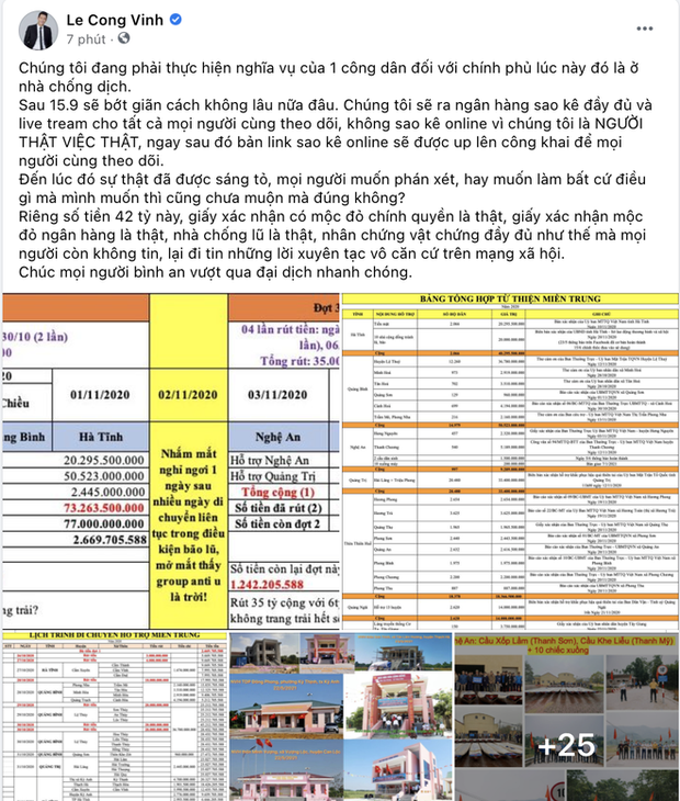 Công Vinh cho biết sau khi dịch bệnh được kiểm soát sẽ đích thân đến ngân hàng vừa livestream vừa công bố sao kê để tất cả mọi người đều được chứng kiến