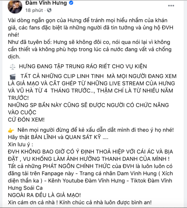 Đàm Vĩnh Hưng chính thức lên tiếng cho biết sẽ đưa sự việc ra ánh sáng để đòi lại uy tín và quyết không thoả hiệp với cái ác, bịa đặt