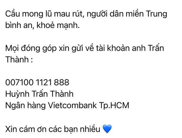 Trên bài kêu gọi các nhà hảo tâm, Tuấn Trần vẫn để tài khoản từ thiện của Trấn Thành thay vì số tài khoản khác