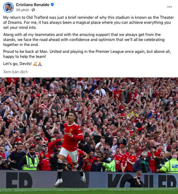 Ronaldo đăng status ăn mừng với khán giả sau trận đấu
