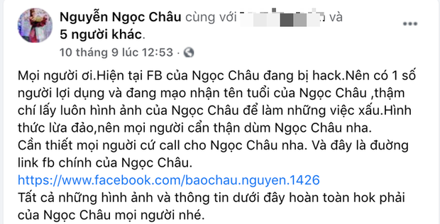 Vài tiếng trước khi bị Xuân Lan đăng đàn bức xúc, Ngọc Châu đã lên mạng xã hội cầu cứu vì bị mất tài khoản Facebook