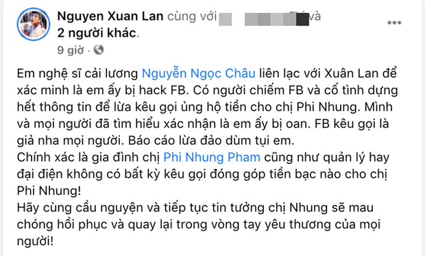 Xuân Lan lên tiếng minh oan cho ca sĩ cải lương Ngọc Châu trong vụ kêu gọi tiền từ thiện. Phía Xuân Lan xác nhận Ngọc Châu đã bị hacker xâm nhập nên đã lên tiếng cảnh báo khán giả