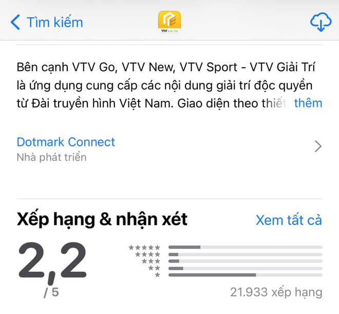 Các ứng dụng của VTV có số lượng đánh giá 1 sao cực kì cao trên App Store