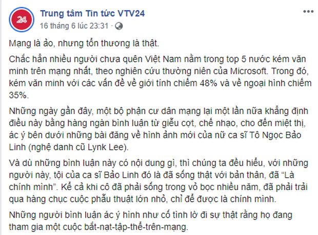 Sự việc còn khiến VTV phải lên án một môi trường mạng kém văn minh sẽ làm tổn thương thật sự đến con người