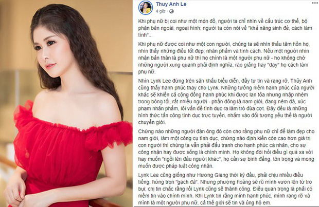 Thuỷ Anh - bà xã ca sĩ Đăng Khôi viết tâm thư dài chỉ trích những cá nhân dùng lời lẽ xúc phạm người khác để mua vui cho bản thân. Bên cạnh đó, cô còn động viên Lynk Lee hãy cứ rạng rỡ, tự tin và sống hết mình