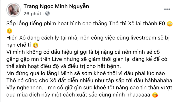 Ca sĩ Lương Minh Trang bị nhiễm Covid-19 khiến công việc bị ảnh hưởng