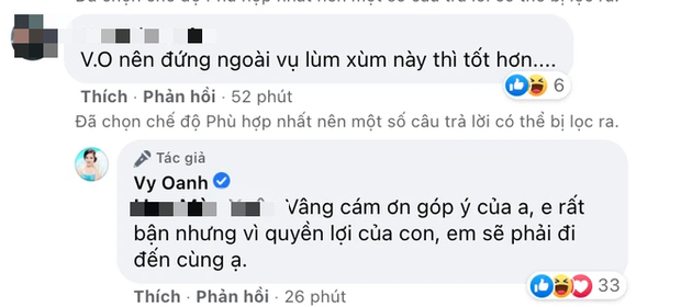 Khi netizen khuyên nữ ca sĩ không nên khởi kiện, Vy Oanh cũng khẳng định vì quyền lợi của con, bản thân sẽ đi đến cùng