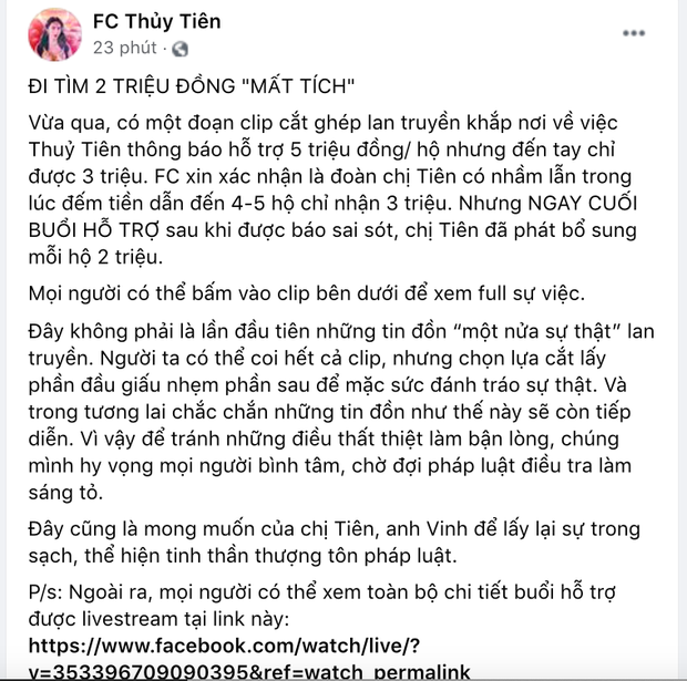 Phía FC Thủy Tiên đại diện nữ ca sĩ lên tiếng giải trình vụ thông báo mỗi hộ dân được 5 triệu nhưng chỉ phát 3 triệu đồng