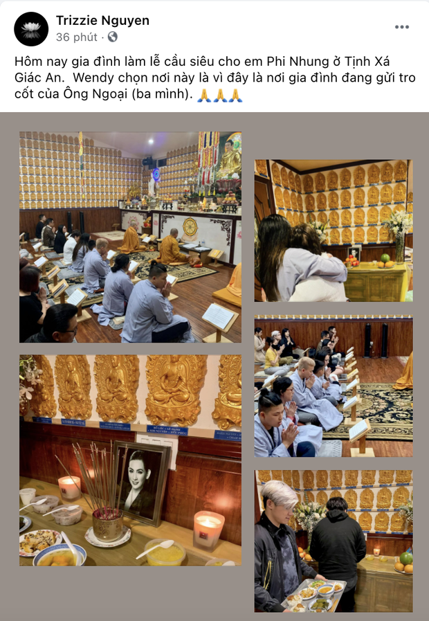 Trizzie Phương Trinh chia sẻ về lễ cầu siêu dành cho Phi Nhung tại Mỹ. Buổi lễ có sự góp mặt của NS Hồng Đào, con trai Bằng Kiều, make-up Nhật Bình...