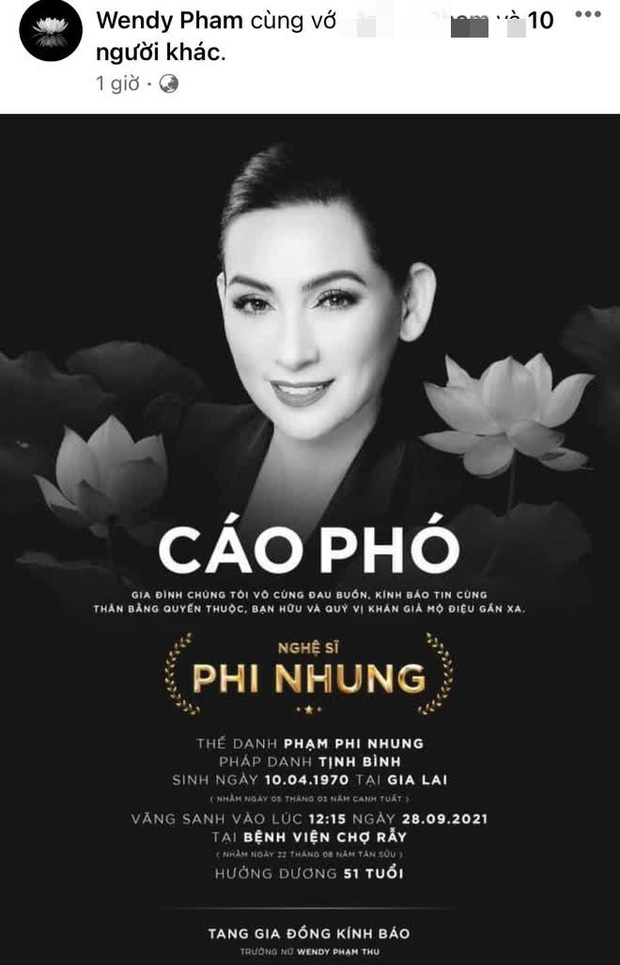 Con gái ruột Phi Nhung đăng tải hình ảnh cáo phó của cố nghệ sĩ Phi Nhung