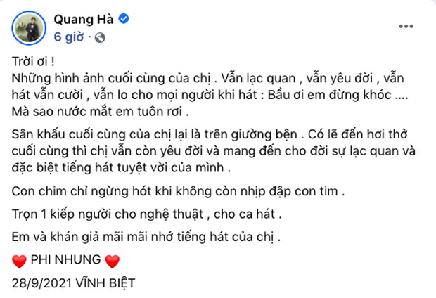 Dòng trạng thái tiễn biệt người đồng nghiệp quá cố của Quang Hà với giây phút cuối cùng của Phi Nhung