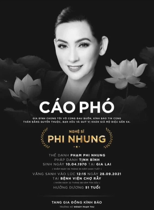 Con gái ruột của Phi Nhung công bố cáo phó cho nữ ca sĩ. Hiện tại, thủ tục hậu sự của giọng ca Bông Điên Điển sẽ do NS Việt Hương đứng ra chuẩn bị
