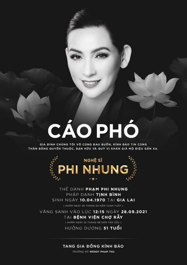 Cáo phó của cố ca sĩ Phi Nhung