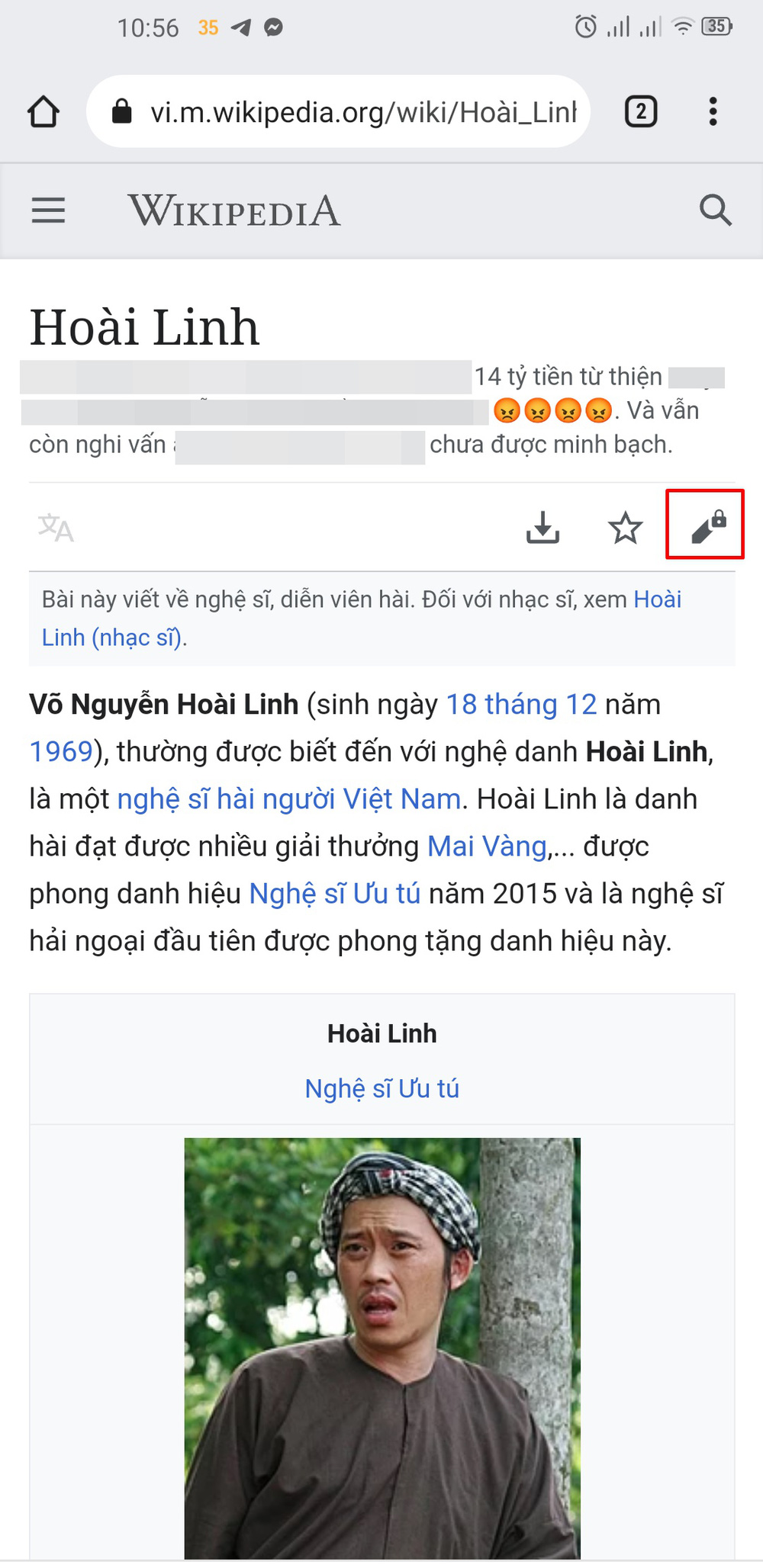 Phần tiểu sử của nghệ sĩ Hoài Linh bị chỉnh sửa phản cảm.