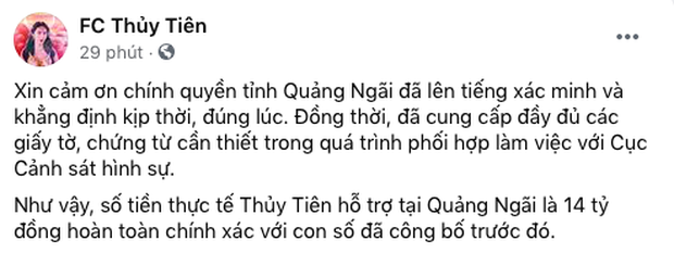 Phía Thuỷ Tiên thông báo chính quyền tỉnh Quảng Ngãi xác minh nhận 14 tỷ đồng tiền hỗ trợ lũ lụt, trùng khớp với con số nữ ca sĩ đã liệt kê trước đó