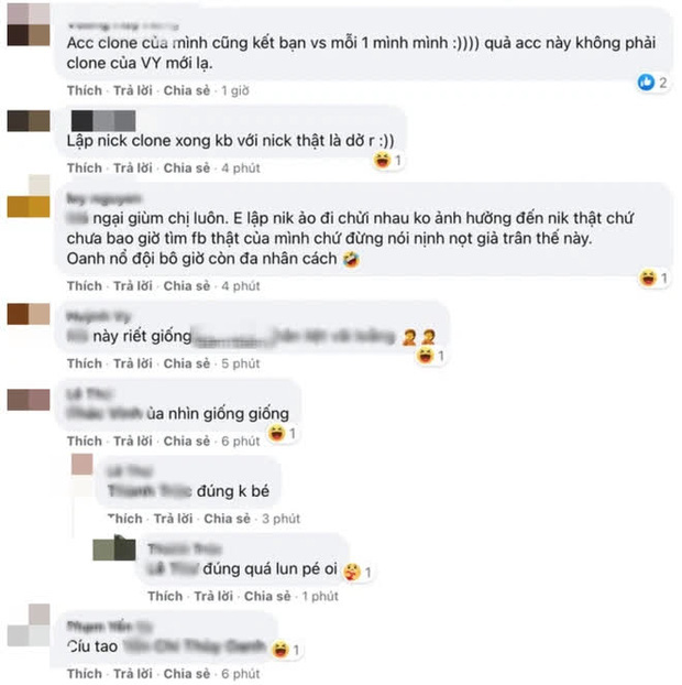 Trước đó, netizen từng nghi ngờ Vy Oanh tự lập nick ảo để an ủi và ủng hộ chính bản thân