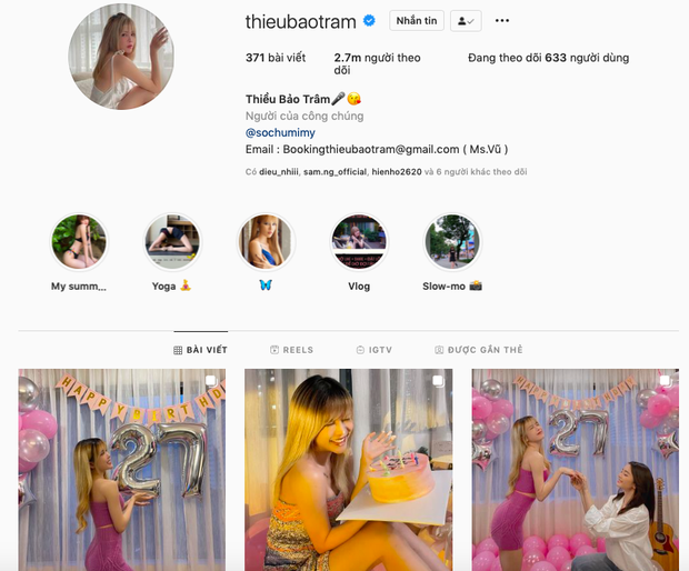 Sau bài đăng mừng sinh nhật, Instagram của Thiều Bảo Trâm có 371 bài viết và theo dõi 633 tài khoản
