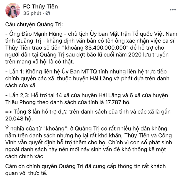 Phía Thuỷ Tiên tiếp tục lên tiếng và làm rõ về việc từ thiện ở tỉnh Quảng Trị