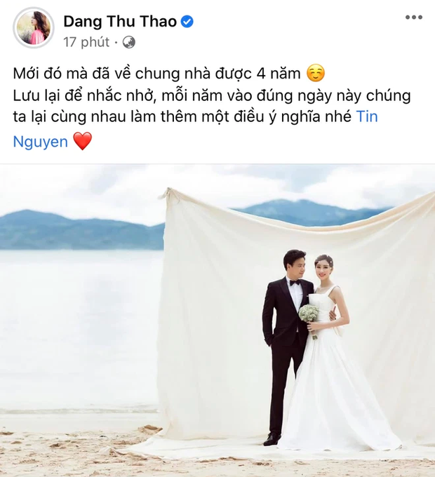 Hoa hậu Đặng Thu Thảo đăng ảnh cưới nhân dịp 4 năm ngày vui