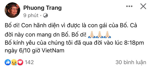 Ca sĩ Phương Trang thông báo bố đẻ trút hơi thở cuối cùng vào lúc 20 giờ 28 phút ngày 6/10