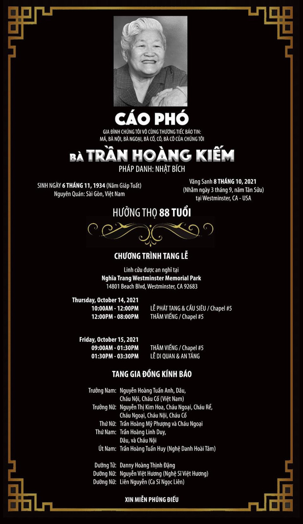 Cáo phó mẹ ruột NS Hoài Tâm ghi rõ địa điểm và gia đình không nhận phúng điếu