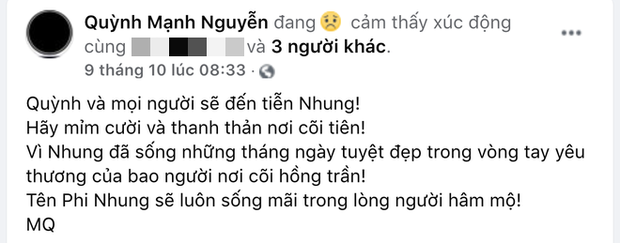 Trong những ngày qua, Mạnh Quỳnh gây xúc động khi liên tục viết status dành riêng cho người tri kỷ quá cố