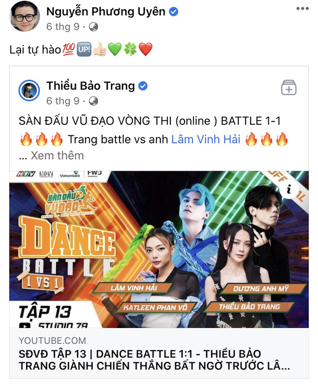 Để chứng minh cho mối quan hệ tốt đẹp của cả hai, Phương Uyên còn chia sẻ nội dung ủng hộ Thiều Bảo Trang trong một cuộc thi nhảy