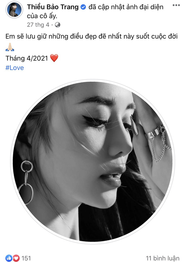 Đến cuối tháng 4, Thiều Bảo Trang còn đăng hình có biểu tượng trái tim, đi kèm hashtag 