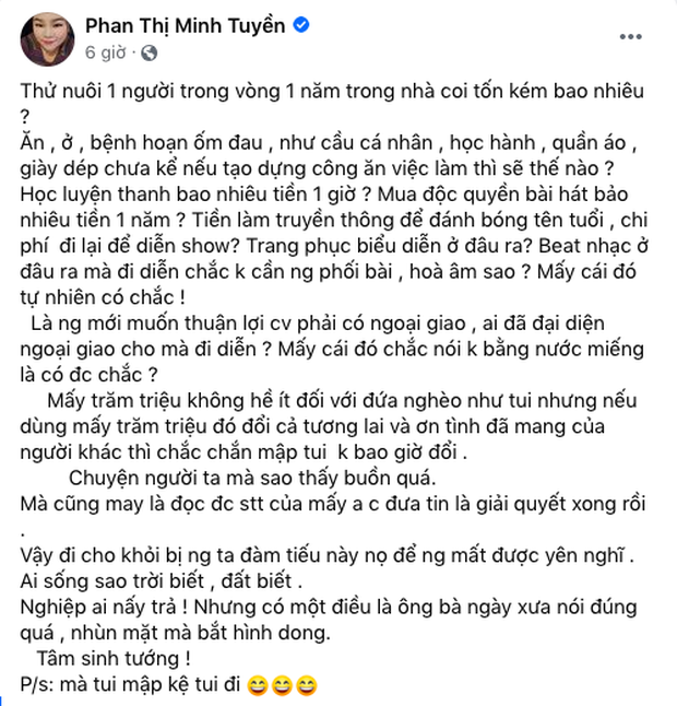 Ngoài ra, nữ MC còn một bài đăng khác nói về chuyện nuôi 1 người trong vòng 1 năm tốn kém rất nhiều
