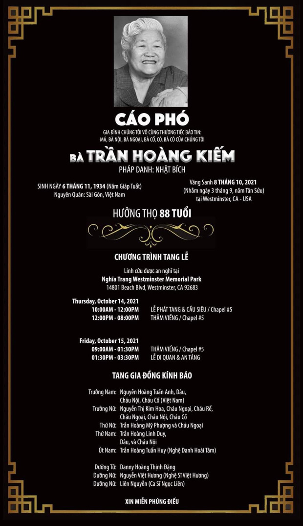 Mẹ nuôi NS Việt Hương sẽ được an táng tại Mỹ vào ngày 15/10 tới