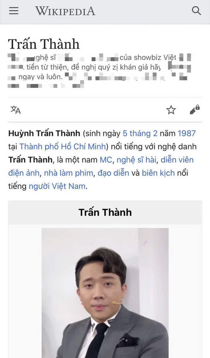Thông tin tiểu sử của Trấn Thành trên Wikipedia bị chỉnh sửa tiêu cực