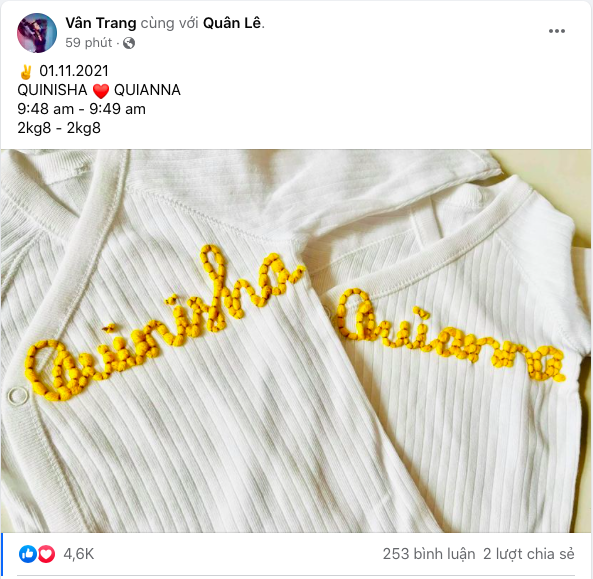 Diễn viên Vân Trang thông báo hạ sinh song thai.